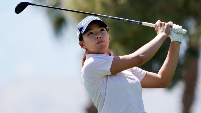 Hinako Shibuno hits from the 17th tee during the second round of the LPGA Chevron Championship golf tournament Friday, April 1, 2022, in Rancho Mirage, Calif. (Marcio Jose Sanchez/AP)
