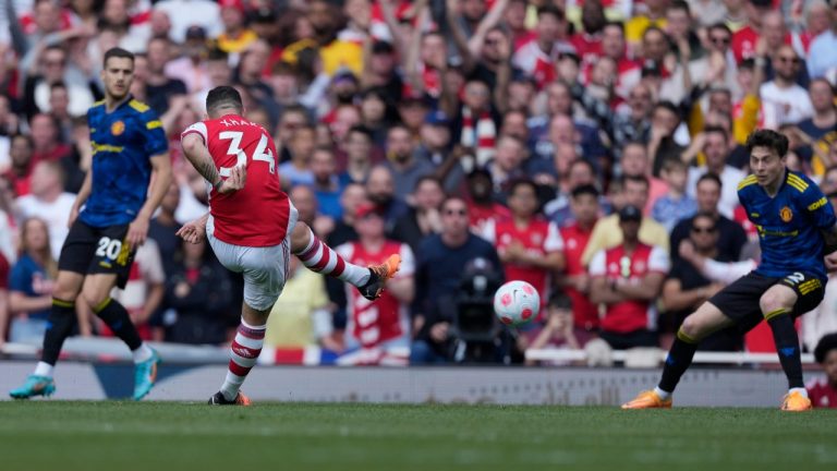 Arsenal's Granit Xhaka scores his side's third goal during an English Premier League soccer match between Arsenal and Manchester United at the Emirates stadium in London, Saturday April 23, 2022. (Alastair J. Grant/AP)