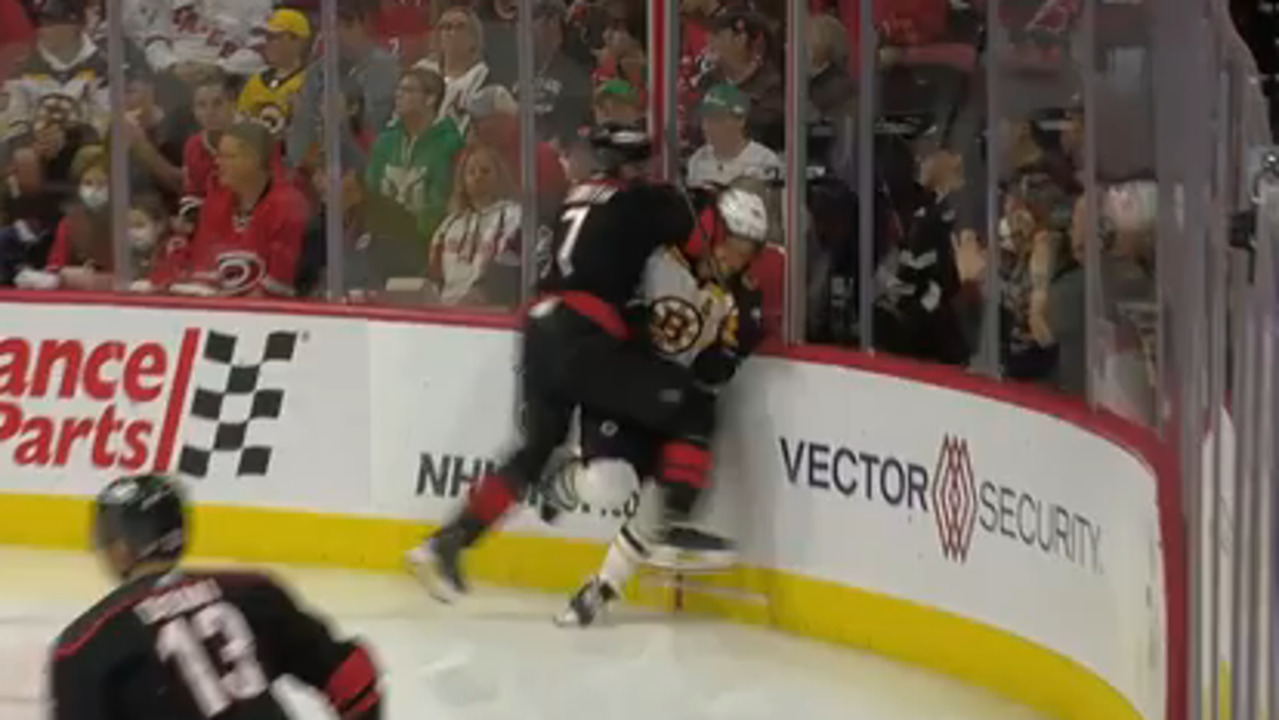 Brendan Smith leaves feet while delivering elbow-first hit on Pastrnak