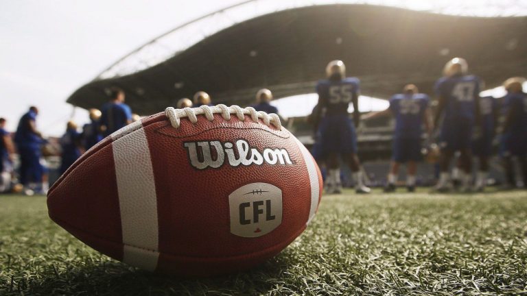 A CFL ball is photographed at the Winnipeg Blue Bombers stadium in Winnipeg Thursday, May 24, 2018.(John Woods/CP)