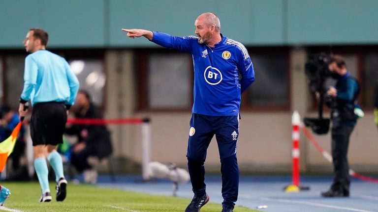 Scotland's head coach Steve Clarke directs the players during the international friendly soccer match between Austria and Scotland at the Ernst Happel Stadion in Vienna, Austria, Tuesday, March 29, 2022. (Florian Schroetter/AP)