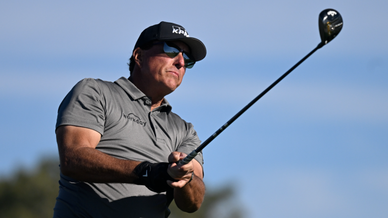 Phil Mickelson hits his tee shot on the fifth hole of the South Course at Torrey Pines during the first round of the Farmers Insurance Open golf tournament Jan. 26, 2022, in San Diego (AP/file)