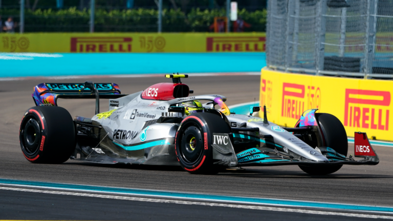 Mercedes driver Lewis Hamilton of Britain races during qualifying for the Formula One Miami Grand Prix auto race at the Miami International Autodrome, Saturday, May 7, 2022, in Miami Gardens, Fla. (AP)
