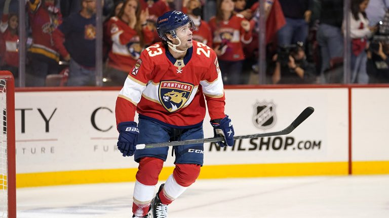 Florida Panthers center Carter Verhaeghe (23) looks at the scoreboard after scoring a goal during the second period of Game 5 of the first round of the NHL Stanley Cup hockey playoffs against the Washington Capitals. (Lynne Sladky/AP)