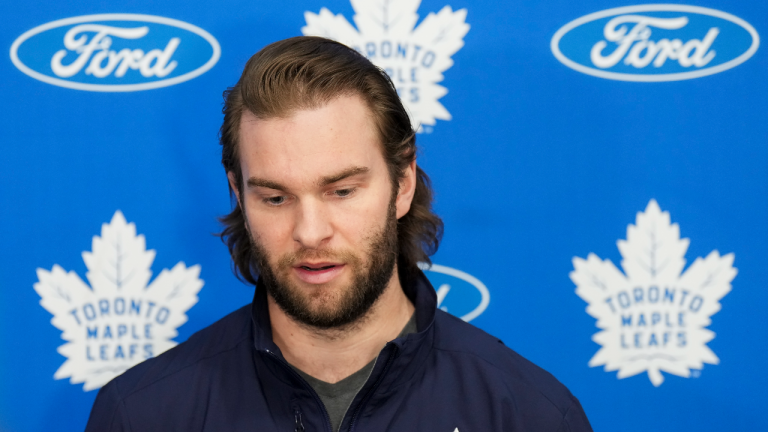 Toronto Maple Leafs goaltender Jack Campbell speaks to the media after being eliminated in the first round of the NHL Stanley Cup playoffs during a press conference in Toronto on Tuesday, May 17, 2022. (CP)