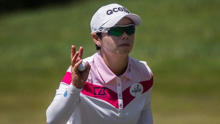Eun-Hee Ji waves to the gallery on the fourth hole during the quarterfinals of the LPGA Bank of Hope Match Play golf tournament at Shadow Creek on Saturday, May 28, 2022, in North Las Vegas. (Benjamin Hager/Las Vegas Review-Journal via AP)