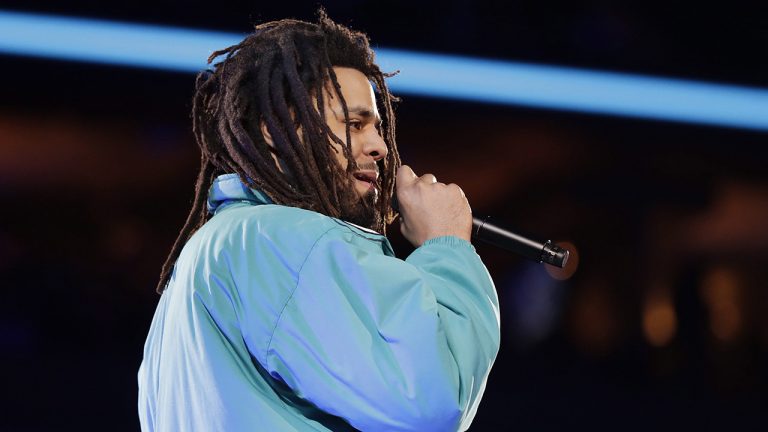 Rapper J. Cole performs at halftime during NBA All-Star basketball game. (Chuck Burton/AP)