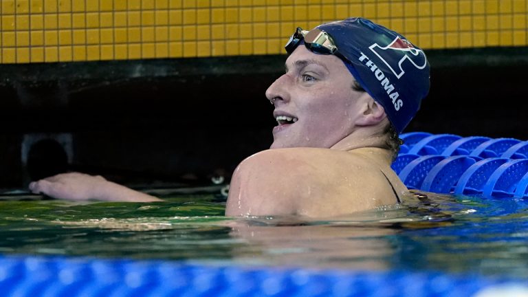Pennsylvania's Lia Thomas smiles after winning a preliminary heat in the 500-yard freestyle at the NCAA women's swimming and diving championships Thursday, March 17, 2022, in at Georgia Tech in Atlanta. (John Bazemore/AP)