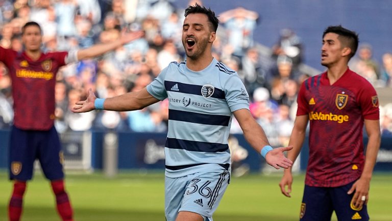 Sporting Kansas City defender Luis Martins (36) questions a call during the first half of an MLS soccer match against Real Salt Lake Sunday, Nov. 28, 2021, in Kansas City, Kan. (Charlie Riedel/AP)