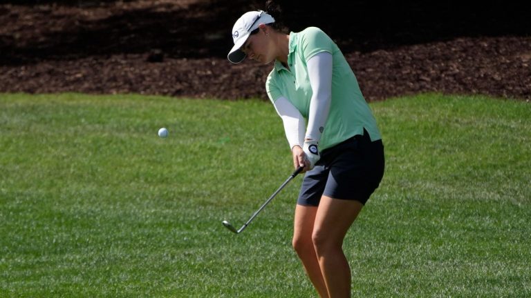Caroline Masson chips onto the 11th green during the third day of round-robin play in the LPGA Bank of Hope Match Play golf tournament Friday, May 27, 2022, in North Las Vegas, Nev. (John Locher/AP Photo)