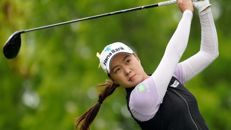 Minjee Lee tees off on the second hole during the third round of the LPGA Cognizant Founders Cup golf tournament, Saturday, May 14, 2022, at the Upper Montclair Country Club in Clifton, N.J. (John Minchillo/AP)
