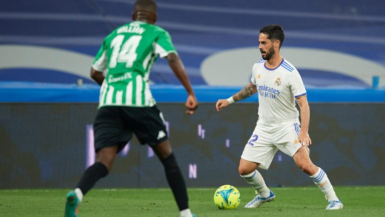 Real Madrid's Isco controls the ball during a Spanish La Liga soccer match between Real Madrid and Betis at the Santiago Bernabeu stadium in Madrid, Spain, Friday, May 20, 2022. (Jose Breton/AP)