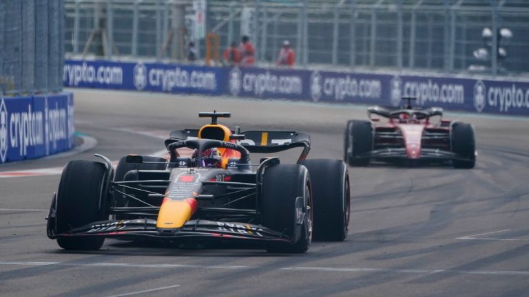 Red Bull driver Max Verstappen leads Ferrari driver Charles Leclerc during the Formula One Miami Grand Prix. (Wilfredo Lee/AP)