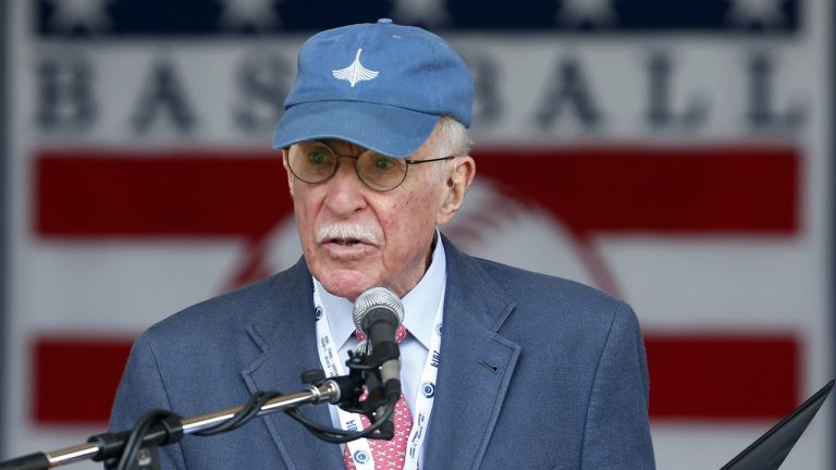 Roger Angell, of The New Yorker, speaks after receiving the J.G. Taylor Spink Award during a ceremony at Doubleday Field at the National Baseball Hall of Fame on July 26, 2014, in Cooperstown, N.Y. (Mike Groll/AP)
