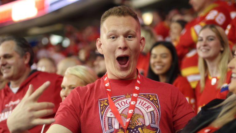 Brady Tkachuk celebrating at Scotiabank Saddledome for the Game 1 of the Battle of Alberta. (Calgary Flames)