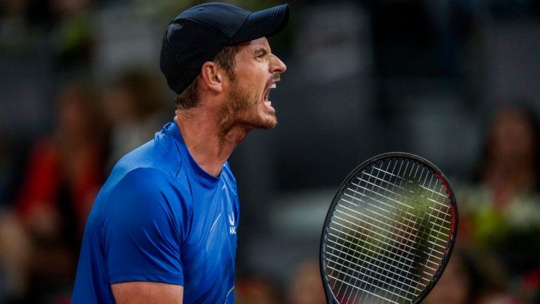 Andy Murray, of Britain, celebrates a point against Dominic Thiem of Austria during their match at the Mutua Madrid Open tennis tournament in Madrid, Spain, Monday, May 2, 2022. (Manu Fernandez/AP)