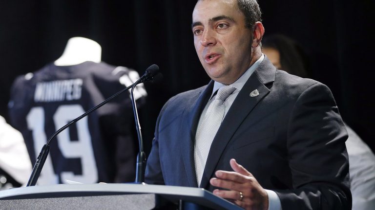 Dan Ventrelle, of the Oakland Raiders, speaks to the media, on June 5, 2019, at a press conference in Winnipeg, Manitoba. Ventrelle, the team president, has left the organization less than a year after taking over the job, owner Las Vegas Raiders Mark Davis announced in a statement Friday, May 6, 2022. (John Woods/The Canadian Press via AP)