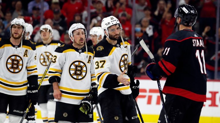 Bruins captain Patrice Bergeron was the first to shake hands with the Carolina Hurricanes following the end of Game 7 in Raleigh, N.C., on Saturday. It may be the last thing he does on the ice for the club. (Karl B DeBlaker/AP)