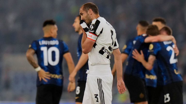 Juventus' Giorgio Chiellini, front, reacts after Inter Milan's Nicolo Barella scoring his side's opening goal during the Italian Cup final soccer match between Juventus and Inter Milan at the Stadio Olimpico. (Alessandra Tarantino/AP)
