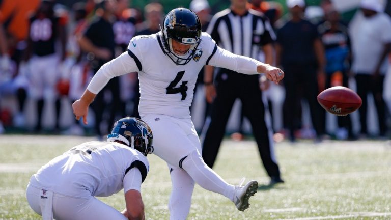Jacksonville Jaguars kicker Josh Lambo (4) boots a field goal in the first half of an NFL football game against the Cincinnati Bengals, Sunday, Oct. 20, 2019, in Cincinnati. (Gary Landers/AP)