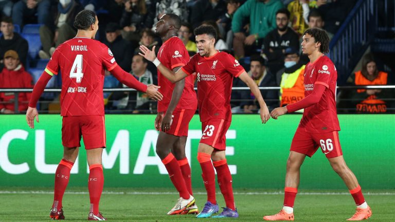 Liverpool's Luis Diaz, second right, celebrates after scoring his side's second goal during the Champions League semi final, second leg soccer match between Villarreal and Liverpool at the Ceramica stadium. (Alberto Saiz/AP)
