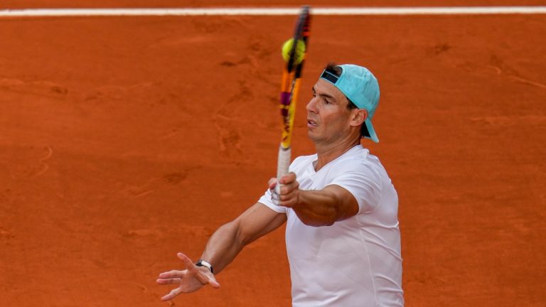 Spain's Rafael Nadal returns the ball during a training session at the Mutua Madrid Open tennis tournament in Madrid, Spain, Thursday, April 28, 2022. (Manu Fernandez/AP)