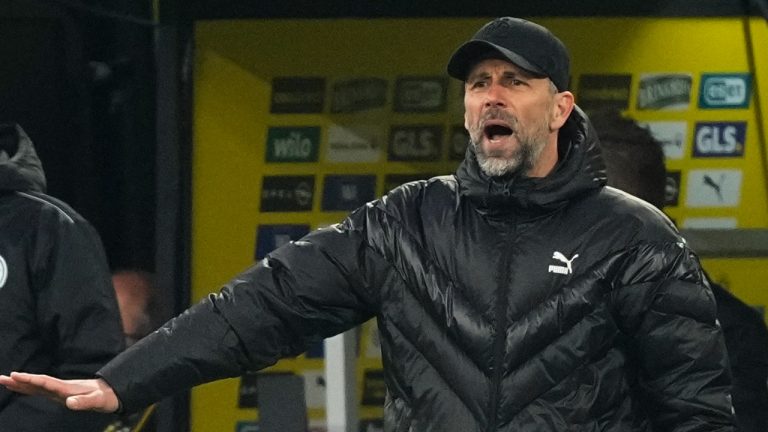 Dortmund's head coach Marco Rose gestures during the German Bundesliga soccer match between Borussia Dortmund and RB Leipzig in Dortmund, Germany, Saturday, April 2, 2022. (Martin Meissner/AP)