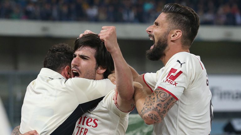 Sandro Tonali of AC Milan, center, celebrates goal 1-2 during the Serie A soccer match between Hellas Verona and AC Milan at Marcantonio Bentegodi Stadium. (Paola Garbuio/AP)