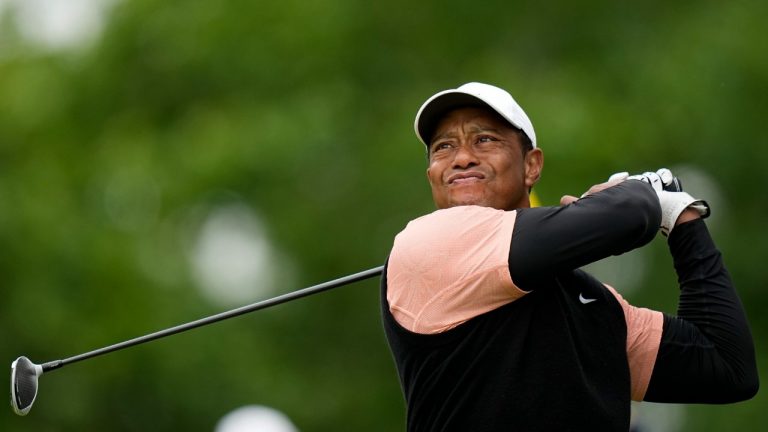 Tiger Woods watches his tee shot on the 17th hole during the third round of the PGA Championship golf tournament at Southern Hills Country Club, Saturday, May 21, 2022, in Tulsa, Okla. (Eric Gay/AP)