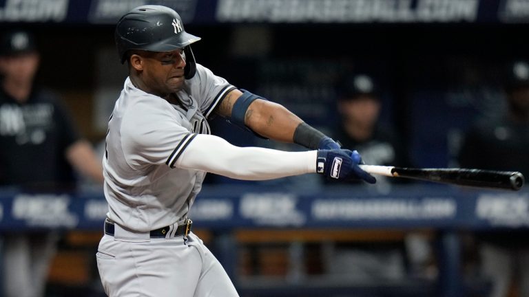 New York Yankees' Miguel Andujar connects for a two-run single off Tampa Bay Rays starting pitcher Ryan Thompson during the sixth inning of a baseball game Thursday, May 26, 2022, in St. Petersburg, Fla. (Chris O'Meara/AP)