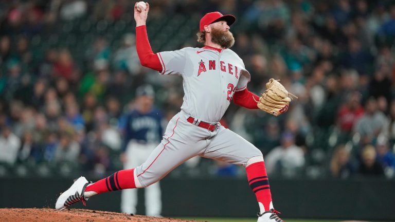 Los Angeles Angels closing pitcher Archie Bradley throws against the Seattle Mariners during the ninth inning of the second baseball game of a doubleheader, Saturday, June 18, 2022, in Seattle. The Angels won 3-0. (Ted S. Warren/AP)