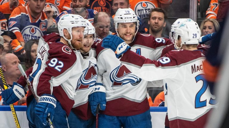 Colorado Avalanche's Gabriel Landeskog (92), Artturi Lehkonen (62), Kurtis MacDermid (56) and Nathan MacKinnon (29) celebrate a goal against the Edmonton Oilers during third period NHL conference finals action in Edmonton on Monday, June 6, 2022. (Jason Franson/THE CANADIAN PRESS)