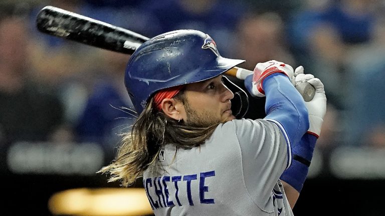 Toronto Blue Jays' Bo Bichette watches his two-run home run during the fourth inning of a baseball game against the Kansas City Royals Monday, June 6, 2022, in Kansas City, Mo. (Charlie Riedel/AP)