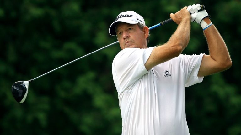 FILE - Bart Bryant tees off on the ninth during the first round of the Constellation Senior Players Championship golf tournament in Highland Park, Ill., July 12, 2018. Professional golfer Bryant was killed and his wife was injured when a truck slammed into their SUV while they were stopped in a line of vehicles on a central Florida roadway for a construction crew, authorities said Wednesday, June 1, 2022. (Steve Lundy/Daily Herald via AP, File)