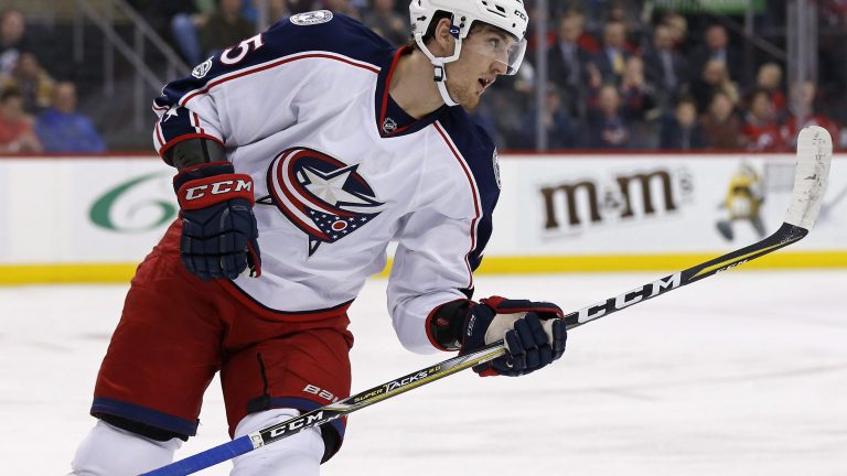 Columbus Blue Jackets center Lukas Sedlak (45) reacts after scoring a penalty shot goal against the New Jersey Devils during the first period of an NHL hockey game, Sunday, March 19, 2017, in Newark, N.J. (Adam Hunger/AP)