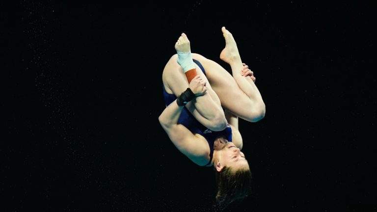 Caeli McKay from Canada competes during the women's diving 10m platform preliminaries at the 19th FINA World Championships in Budapest, Hungary, Sunday, June 26, 2022. (Petr David Josek/AP)