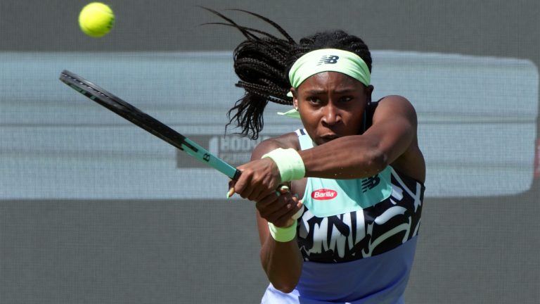 Coco Gauff of the United States returns the ball to Ann Li of the United States during their WTA tournament round of sixteen tennis match in Berlin, Germany, Wednesday, June 15, 2022. (Michael Sohn/AP)