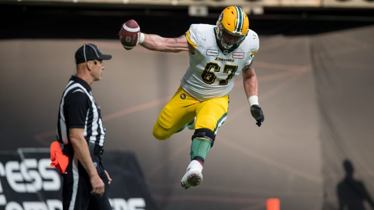 Colin Kelly celebrates a touchdown during a CFL game on July 11, 2019. (Darryl Dyck/CP)
