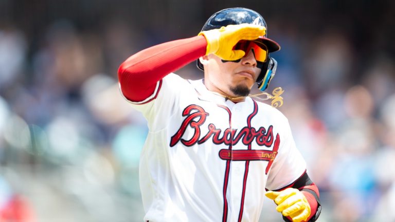 Atlanta Braves' William Contreras gestures to the crowd after a solo home run in the second inning of a baseball game against the Pittsburgh Pirates, Sunday, June 12, 2022, in Atlanta. (Hakim Wright Sr./AP Photo)