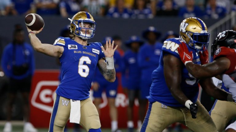 Winnipeg Blue Bombers quarterback Dru Brown (6) comes on to replace quarterback Zach Collaros (8) against the Ottawa Redblacks during the second half of CFL action in Winnipeg. (John Woods/CP)