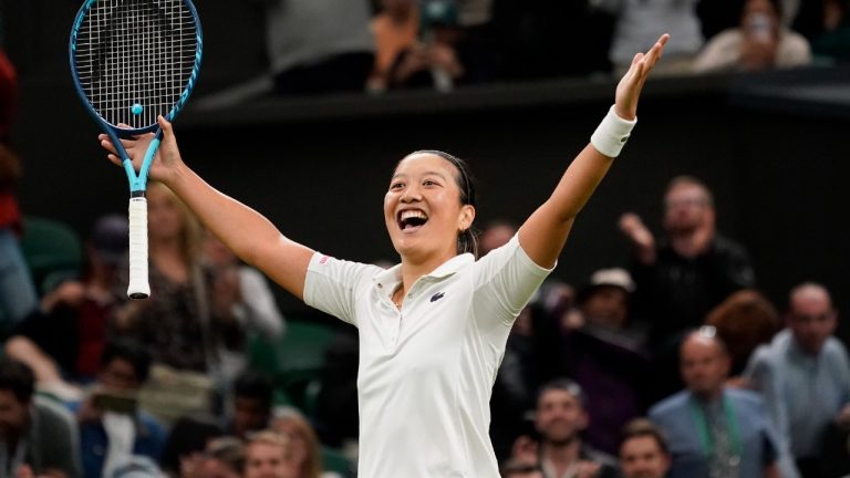 France's Harmony Tan celebrates after beating Serena Williams of the US in a first round women's singles match on day two of the Wimbledon tennis championships in London, Tuesday, June 28, 2022. (Alberto Pezzali/AP)