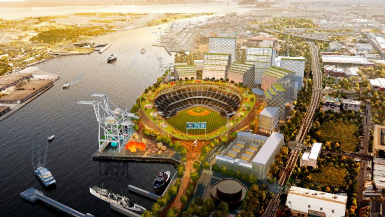 In this artists rendering provided by the Oakland Athletics is a skyline view of their proposed ballpark at Howard Terminal near Jack London Square in Oakland, Calif. The San Francisco Bay and Development Commission are to vote Thursday, June 30, 2022, on the Oakland Athletics' application to remove Howard Terminal's port designation. A vote in favor would clear the way for designation as a mixed-use development site. (Bjarke Ingels Group/Oakland Athletics via AP) 
