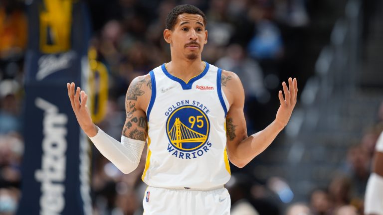 Golden State Warriors forward Juan Toscano-Anderson reacts after being called for a foul against the Denver Nuggets in the first half of an NBA basketball game Monday, March 7, 2022, in Denver. (David Zalubowski/AP)