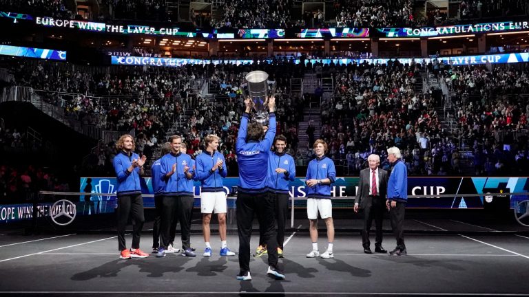 Team Europe celebrates after they defeated Team World for the Laver Cup in tennis, Sunday, Sept. 26, 2021, in Boston. (Elise Amendola/AP)