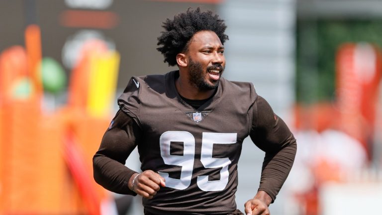 Cleveland Browns defensive end Myles Garrett runs during an NFL football practice Thursday, Aug. 12, 2021, in Berea, Ohio. (Ron Schwane/AP)