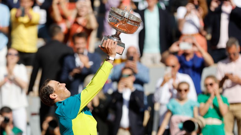 Spain's Rafael Nadal lifts the cup after defeating Norway's Casper Ruud in their final match of the French Open tennis tournament at the Roland Garros stadium Sunday, June 5, 2022 in Paris. Nadal won 6-3, 6-3, 6-0. (Jean-Francois Badias/AP)