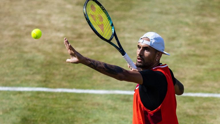 Australia's Nick Kyrgios serves to Britain's Andy Murray during their ATP tennis semifinals match in Stuttgart, Germany, Saturday, June 11, 2022. (Tom Weller/AP)