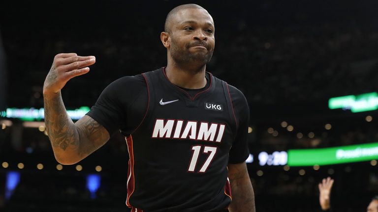FILE - Miami Heat's P.J. Tucker reacts after making a three-pointer against the Boston Celtics during the first half of Game 3 of the NBA basketball playoffs Eastern Conference finals Saturday, May 21, 2022, in Boston (AP Photo/Michael Dwyer, File)