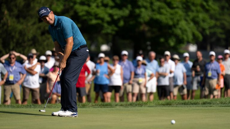 Padraig Harrington putts on the eighth hole Saturday, June 25, 2022, during the third round of the U.S. Senior Open golf championship at Saucon Valley Country Club in Bethlehem, Pa. (Joseph Scheller/AP)