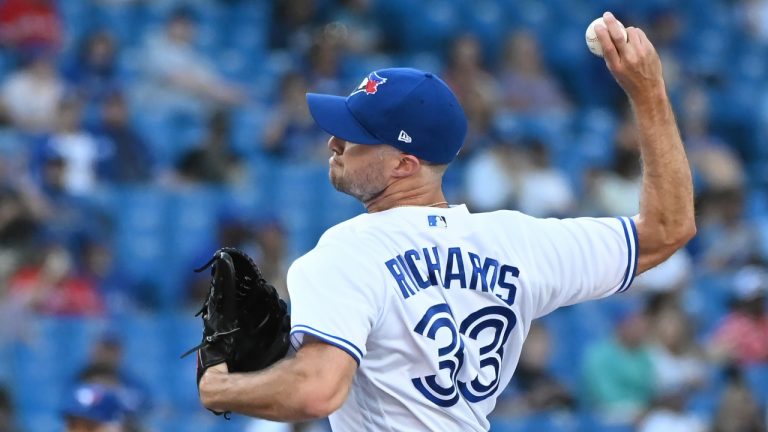 Toronto Blue Jays' Trevor Richards pitches in the sixth inning of an American League baseball game against the Minnesota Twins in Toronto on Saturday, Sept. 18, 2021. (Jon Blacker/CP)